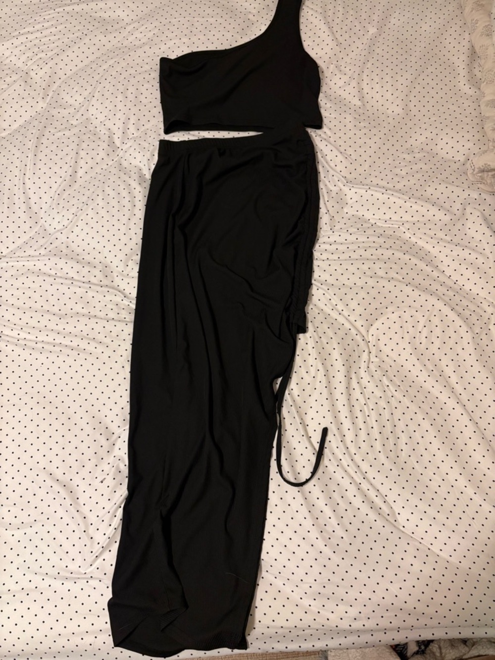 Black ribbed One-Shoulder crop top and Maxi Skirt with slit